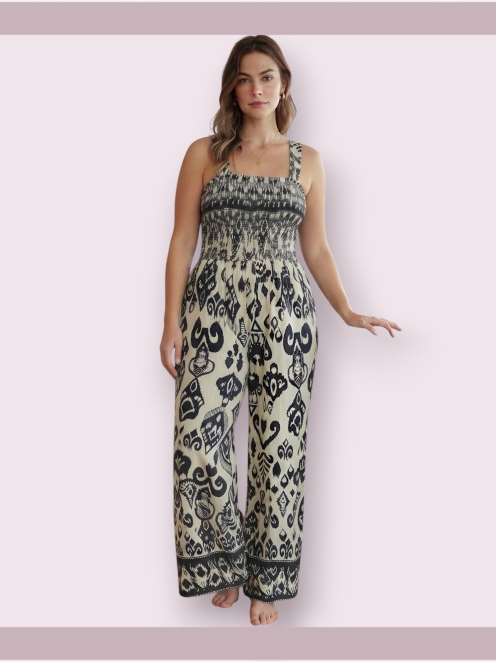 Lapogee Ikat-Print Cotton Linen Wide Leg Jumpsuit